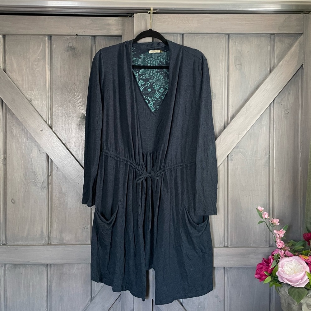 Chalet Blue Cardigan lace‎ print detail tie front long size small